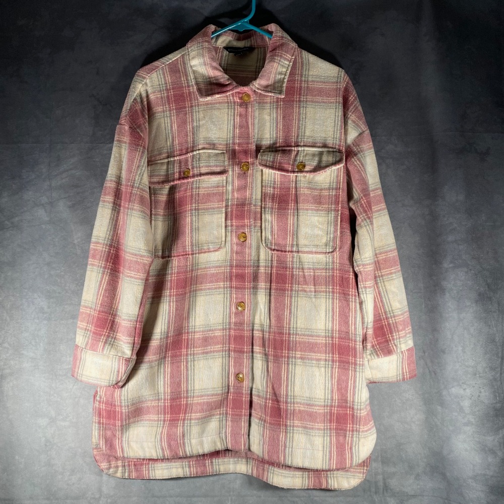 Banana Republic Plaid Oversized Shirt Shacket Women's‎ Size M Pink Cream Gray